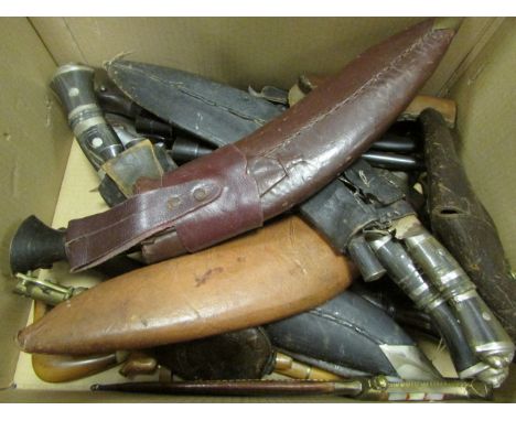 Glory box of various mixed daggers, bayonets, khukris, powder flask, holsters, etc etc (qty) Buyer collects