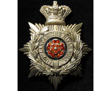 Helmet Plate - 10th Lancashire Rifle Volunteers with enamelled centre, QV, white metal