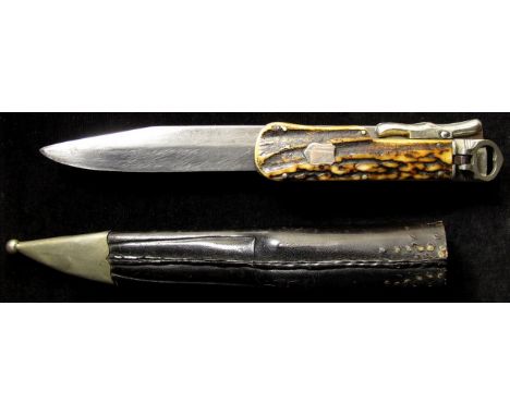 German folding Hunting Knife 19th Century by F. Herder Solingen. blade 19cm, steel mounts including release catch stamped '67