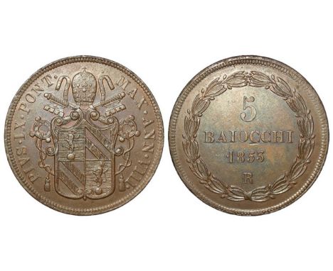 Vatican Papal States copper 5 Baiocchi 1853 R, EF