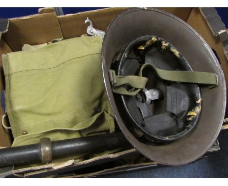 WW2 military equipment large amount including signalling lamp field telephone helmets webbing belts packs gas masks lamps bin