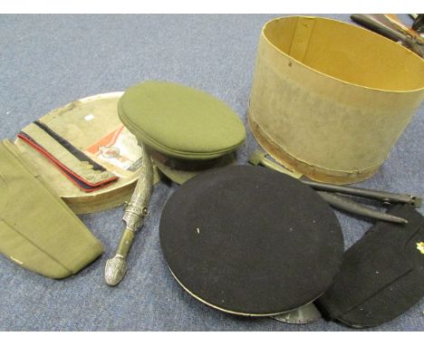 Old WW2 Military hat box with Officers Royal Army Service Corps peaked caps and side caps x4, attributed to D E Green, plus a