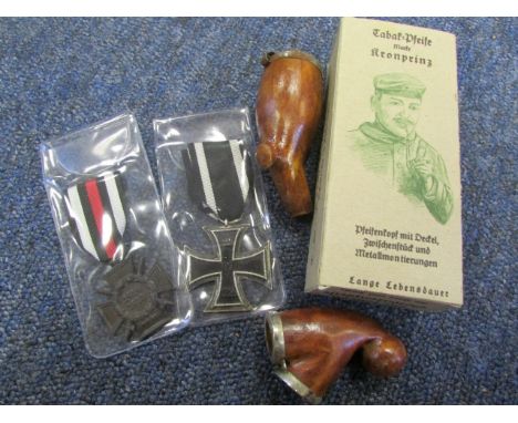 German WW1 soldiers smoking pipe in box with Iron Cross 2nd class and Cross of Honour