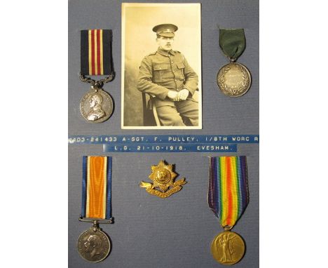 Military Medal GV, BWM & Victory Medal to 4403 A.Sjt F Pulley Worcester Regt (MM named 241433 L/Cpl F Pulley 1/8 Worc R) plus