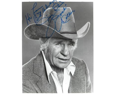 Jim Davis Signed photo black and white 10 x 8 inch Jock Ewing in the CBS prime-time soap opera, Dallas,. Dedicated Yes, illeg
