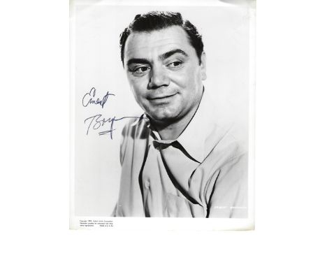 Ernest Borgnine Signed photo black and white 10 x 8 inch. Condition report out of 10, 7. Minor scuffing to white border at co