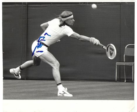 Bjorn Borg Signed photo black and white 9.5 x 8 inch. Condition report out of 10, 7. Scuffing to white border at edges, plus 