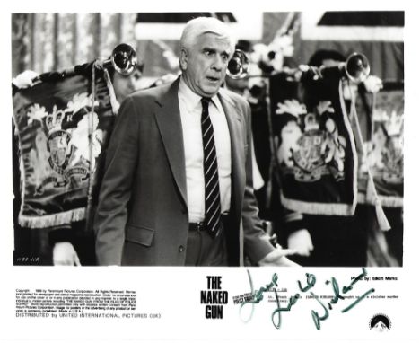 Leslie Nielsen Signed promo photo black and white 10 x 8 inch. From The Naked Gun. Inscribed Love. Condition report out of 10