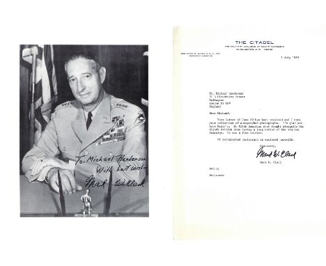 General Mark W Clark Signed 10 x 8 inch black and white photo with signed typed letter on Citadel Letterhead dated 1983 with 