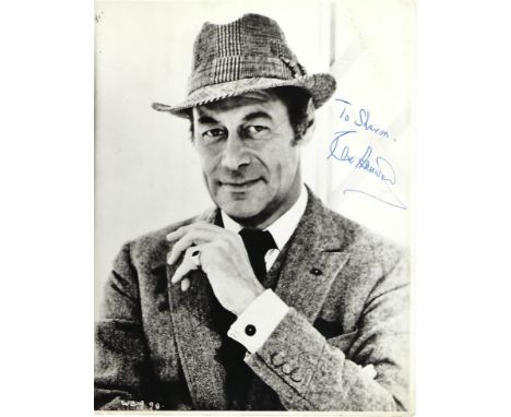 Rex Harrison Signed photo black and white 9.5 x 7.5 inch. From My Fair Lady. Dedicated To Sharon. Condition report out of 10,