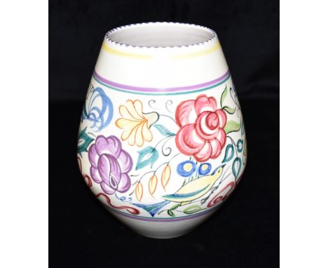 A 1960S POOLE POTTERY VASE  painted in the LE X pattern, artists mark for Pat Summers, 21cm high Condition Report : good cond