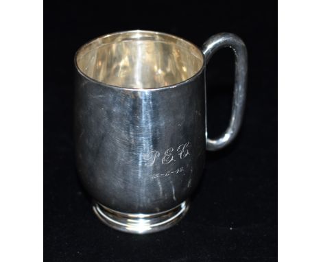 ANTIQUE SILVER SHERRY FLASK AND MUG Monogrammed silver christening mug, stands 8.5cm high, hallmarked Sheffield 1887.  Sherry