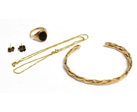 ASSORTED 9CT GOLD JEWELLERY To include a handmade open cuff bangle, a fine 40cm long, flat curb link chain, a pair of black o