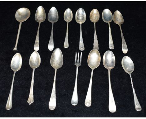ASSORTED SILVER TEASPOONS To include a seal top spoon, a twist handle spoons, pickle fork etc with a variety of hallmarks.  T