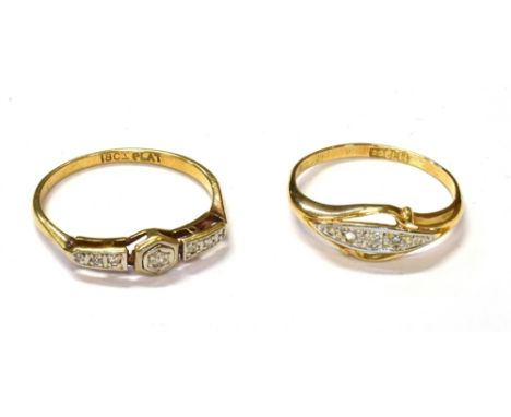 TWO TRADITIONAL DIAMOND 18CT GOLD RINGS One set with three old single and two senaille cut diamonds, stamped 18ct, estimated 