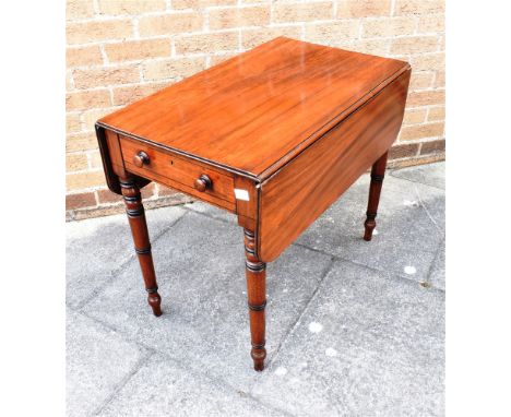 A VICTORIAN MAHOGANY PEMBROKE TABLE  on ring turned supports, 47cm wide (90 cm including leaves), 76cm deep Condition Report 