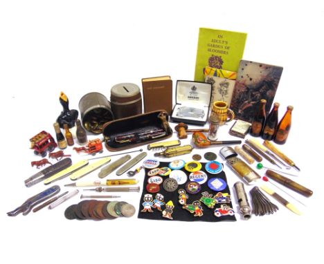 ASSORTED COLLECTABLES  comprising pin badges, including an early Corgi Model Club enamel badge with suspension loop; pen kniv