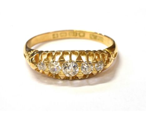 ESTATE DIAMOND FIVE STONE 18CT GOLD RING Three old European and two old single cut diamonds in belcher claw settings on an 18