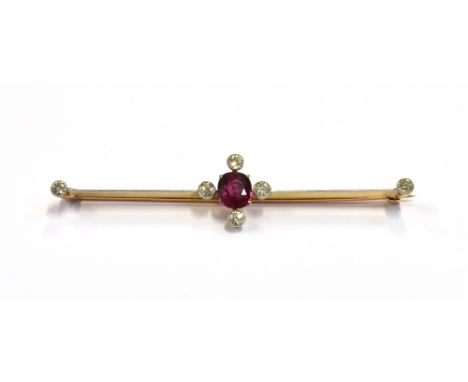 ESTATE SYNTHETIC RUBY &amp; DIAMOND BROOCH 18ct yellow gold (tested) knife edge bar brooch, with central oval cut synthetic r