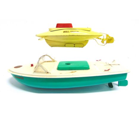TWO SUTCLIFFE MODEL BOATS  comprising a motor launch 'Hawk', white and sea green; and a submarine 'Sea Wolf', yellow, both wi