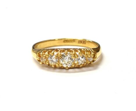 ESTATE DIAMOND FIVE STONE 18CT GOLD RING Five belcher claw set old European cut diamonds, estimated TDW 0.90 carats, assessed