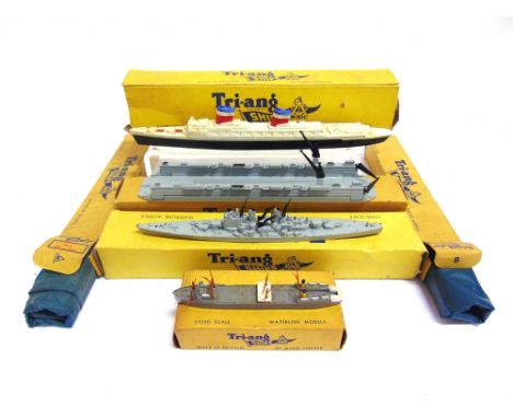 A TRI-ANG MINIC WATERLINE SHIP MODEL COLLECTION  naval and merchant, including a Floating Dock, boxed; and H.M.S. Vanguard, b
