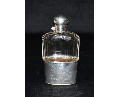 W.S.Y.C ENGRAVED SILVER HIP FLASK A superbly crafted hip flask with hinged lid and silver base cup, engraved ''W.S.Y.C Taunto