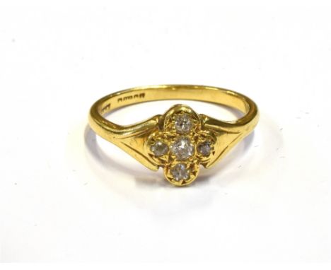 ESTATE DIAMOND CLUSTER RING A 9.0 x 8.0mm quatrefoil shaped head, grain set with five old cut diamonds, totalling approx 0.35