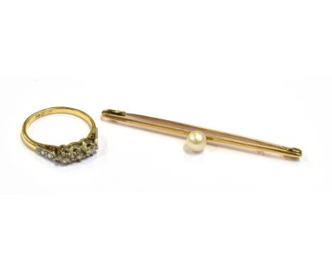 ESTATE DIAMOND RING &amp; PEARL BAR BROOCH A three stone old European cut diamond ring, totalling approx 0.32 carats, assesse