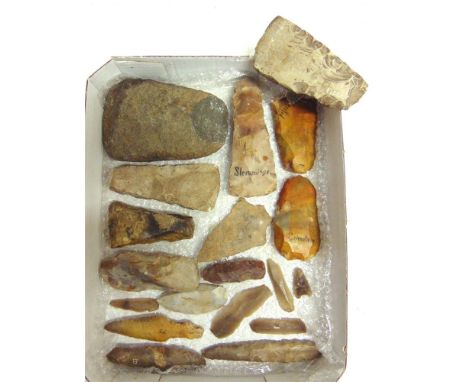 ASSORTED NEOLITHIC AXES mainly flint; together with two spear heads; an arrow head; scrapers; and other items, (19). One axe 