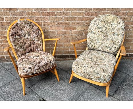 A NEAR PAIR OF LIGHT ERCOL STICKBACK WINDSOR ARMCHAIRS with removable loose cushions