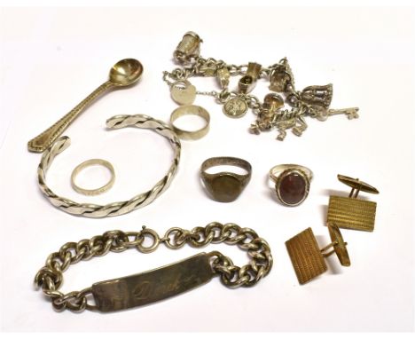 ASSORTED SILVER JEWELERY  To include a heavy silver charm bracelet, with eleven charms and heart shaped padlock clasp, a soli