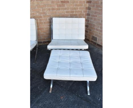 A MIES VAN DER ROHE 'BARCELONA' TYPE ARMCHAIR AND MATCHING FOOTSTOOL with white leather button upholstered cushions on a poli