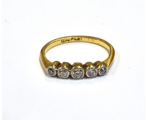 ESTATE CUT DIAMOND 18CT GOLD &amp; PLAT RING Five old European cut diamonds set in platinum topped cheniers on 18ct gold shan