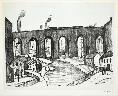 Laurence Stephen Lowry RBA, RA (1887-1976)&nbsp;"Stockport Viaduct" Signed and numbered 32/75, black and white lithograph, 52