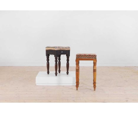 Two Victorian stools, c.1890, each with a needlework seat, raised on ring-turned supports, larger 32cm wide 32cm deep 54cm hi