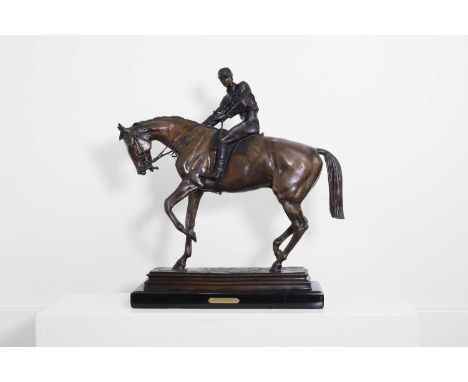 After Isidore-Jules Bonheur 'Le Grand Jockey', patinated bronze, marked 'I BONHEUR to the base', mounted on a stone base,58cm