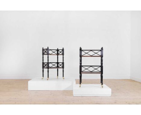 A pair of Regency-style ebonised and coromandel side tables, of recent manufacture, each with two shelves, between ring-turne