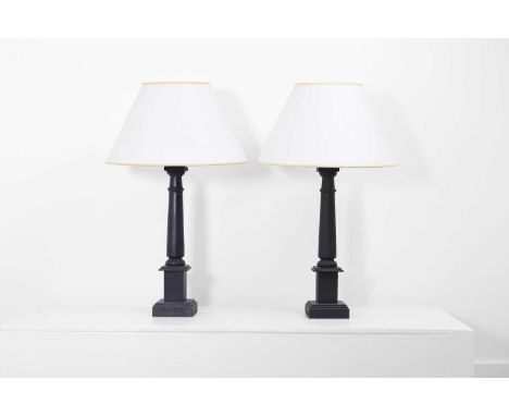 A pair of painted oak table lamps, 20th century, each with a turned wooden column on a square stepped base, 41cm diameter67cm