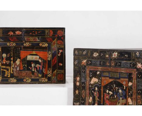 Two export lacquered camphor wood trunks, late 19th/early 20th century, Chinese, each with a hinged lid above a painted façad
