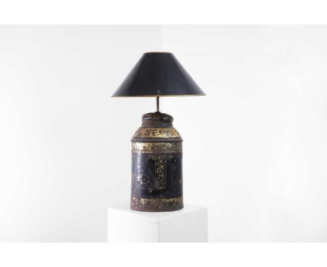 A Victorian toleware tea canister table lamp, second half of the 19th century and later, decorated with traces of gilt, initi