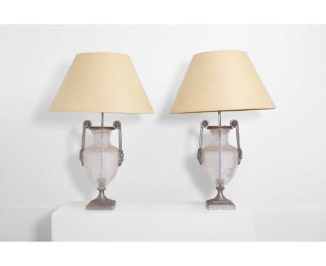 A pair of glass and nickel table lamps by Charles Edwards, of recent manufacture, each of urn form, with satyr mask and scrol