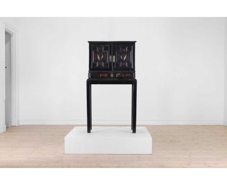 A baroque ebonised wooden, tortoiseshell and gilt-brass cabinet on stand, late 17th/early 18th century, Flemish, the rectangu