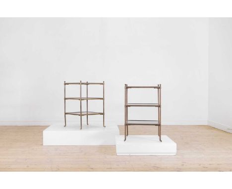 A pair of Regency-style coromandel and brass étagères, early 20th century and later, each with three square shelves, set betw