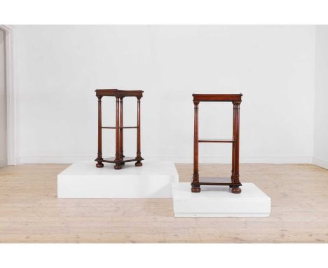 A pair of Regency-style mahogany and ebonised side tables, of recent manufacture, each rectangular top with a shallow three-q