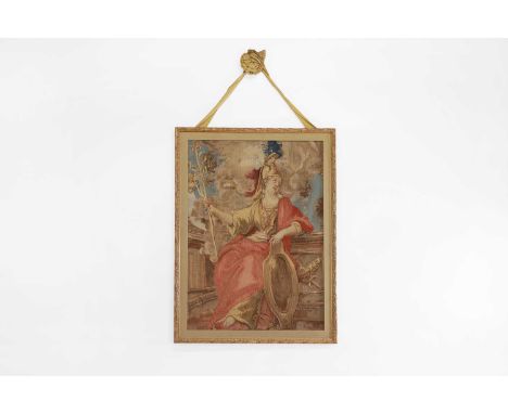 A Louis XV Gobelins Chancellerie portière tapestry fragment, mid-18th century, French, worked in wool and silk, depicting a f
