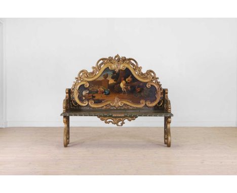A painted and parcel-gilt wooden hall bench, 19th century, Dutch, Amsterdam, the arched back, with scrolling foliate decorati