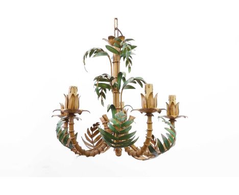 A Hollywood Regency painted toleware chandelier, mid/late 20th century, French or Italian, modelled as a palm tree with five 
