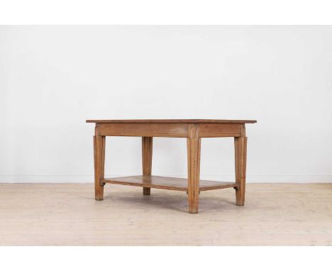 A walnut and rosewood crossbanded centre table, 19th century, the rectangular top with slatted veneers, raised on foliate-mou