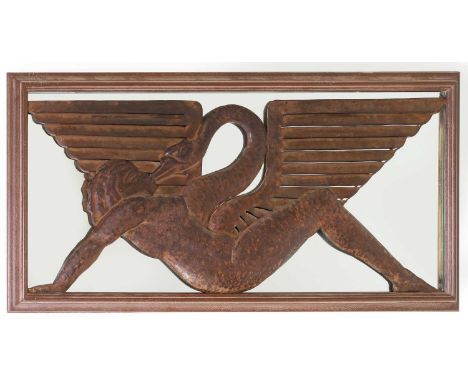 An Art Deco-style patinated metal and glass mirror, of recent manufacture but incorporating earlier 20th-century elements, ce